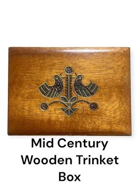 Mid Century Modern Polish Folk Art trinket box with brass inlay bird carvings
